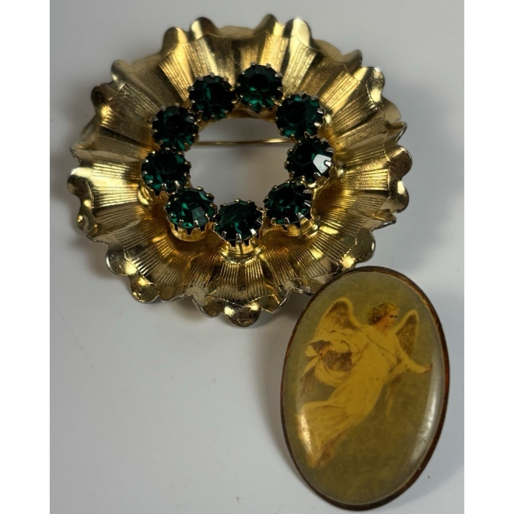Brooch Lot Vintage Gold‎ Tone Wreath Green Rhinestones Angel